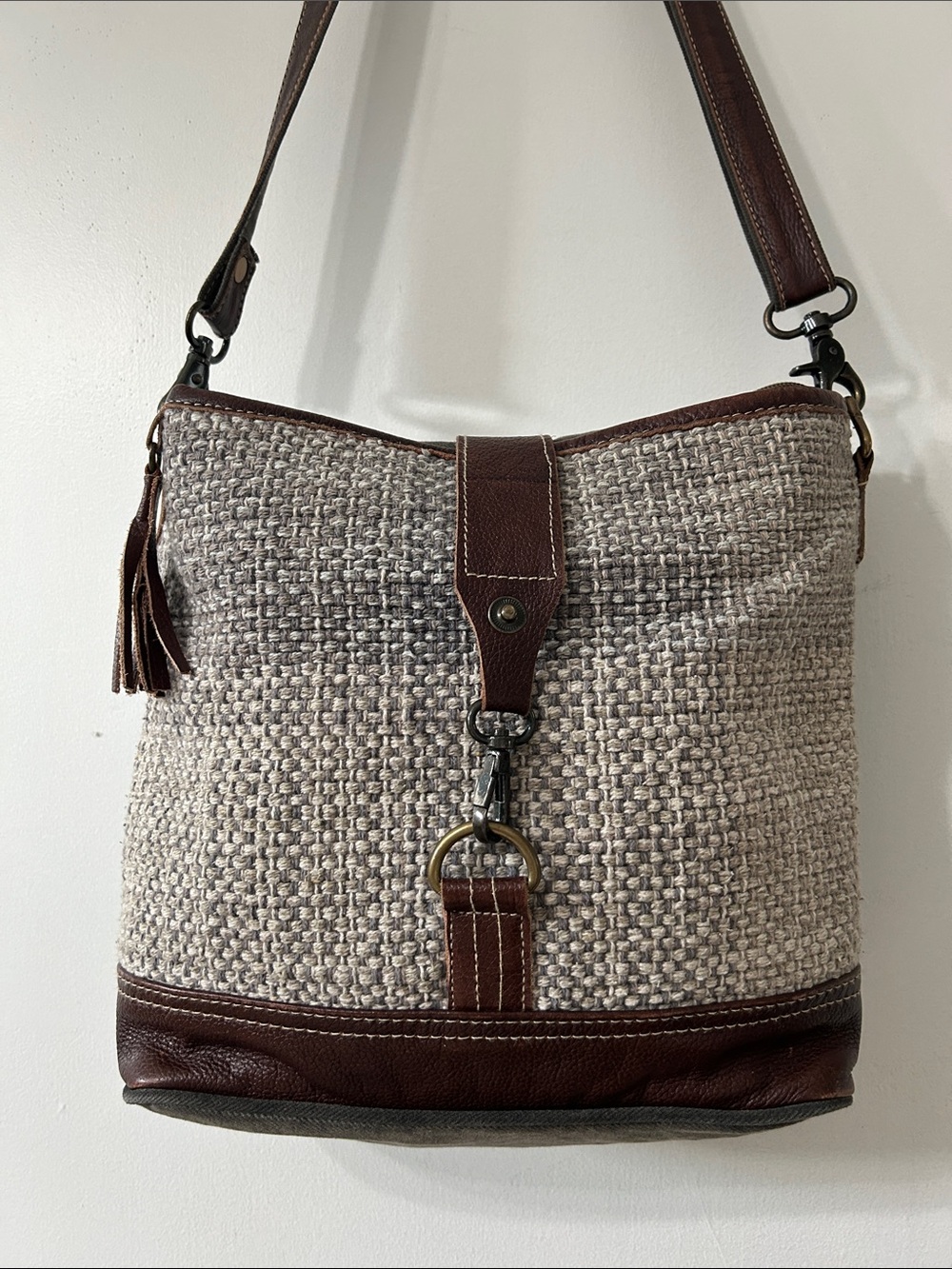 Myra Bag Woven Crossbody Bag Gray Canvas/Brown Leather Adjustable Strap Travel